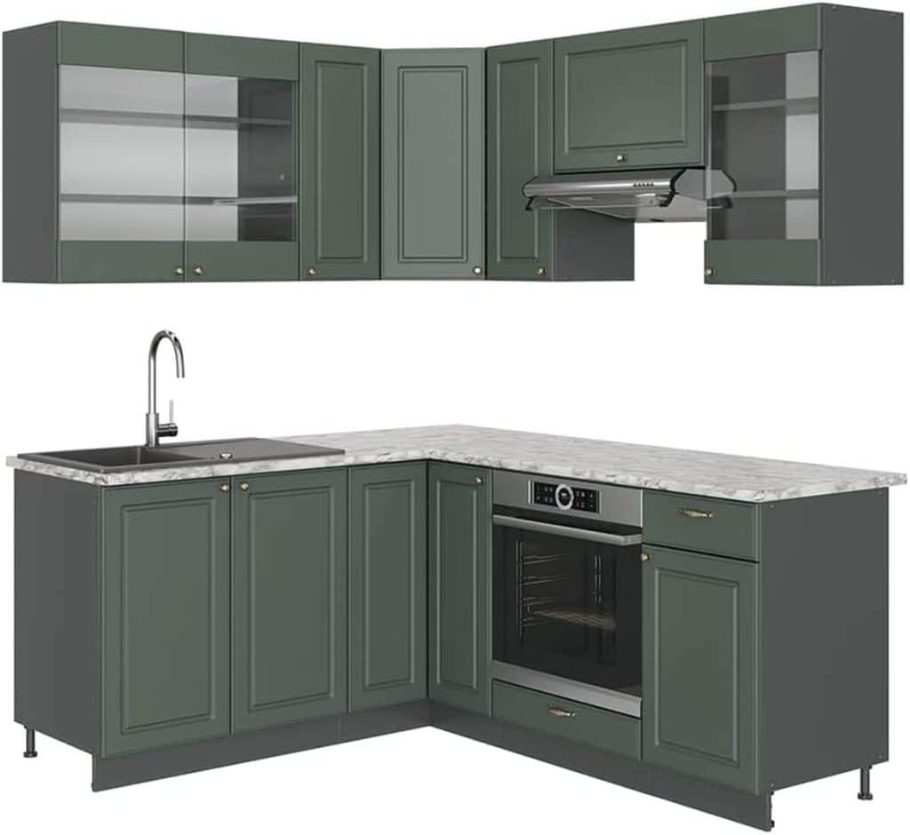 Test de la cuisine d'angle Vicco Fame-Line, vert et or campagne, 160 x 190 cm