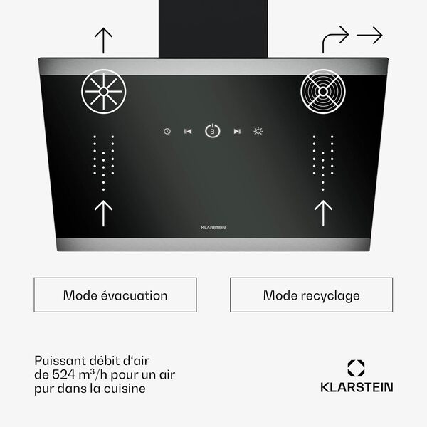 Klarstein FlashLine hotte aspirante - hotte de cuisine 60 cm, écran tactile, 524 m³/h, CEE A++, éclairage LED, silencieuse avec 34,5 dB, noire, conduit & recirculation