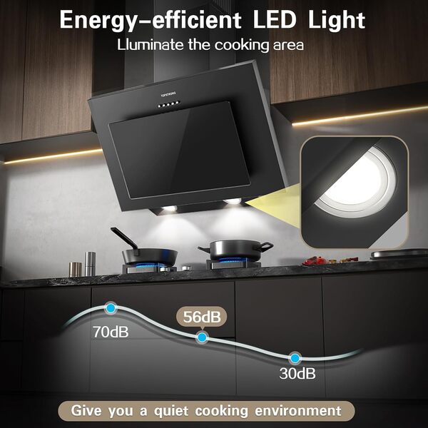 TopStrong Hottes Aspirantes 60cm, Class A++ Hotte Cuisine inclinée Silencieuse, 350m³/h Hotte aspirante Evacuation ou Recyclage, Filtres Charbon Inclus, 3 Vitesses Hotte, LED Eclairage, 56 dB, Noire [Classe énergétique A++]