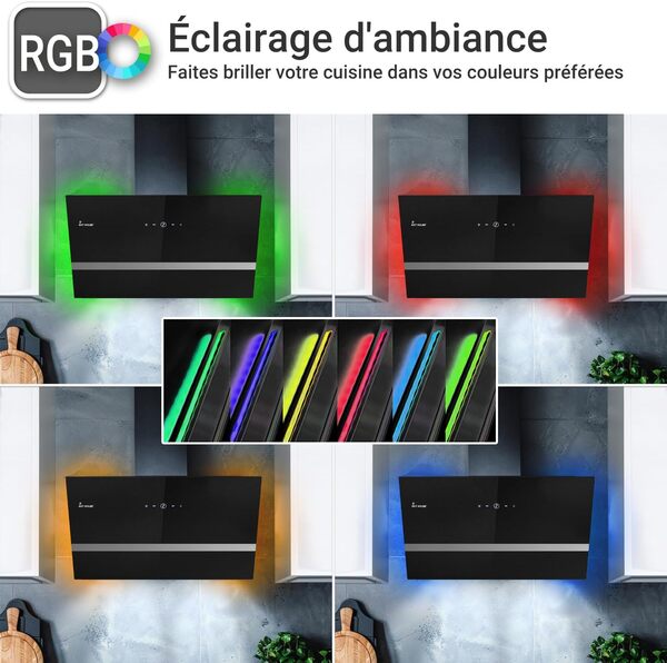 KKT KOLBE Hotte aspirante 80 cm | Hotte murale sans tête | Acier inoxydable | Verre noir | Wi-Fi | Fonction de marche automatique | Éclairage LED RGBW | Commande SensorTouch | EASY809SHCM [Classe énergétique A++]