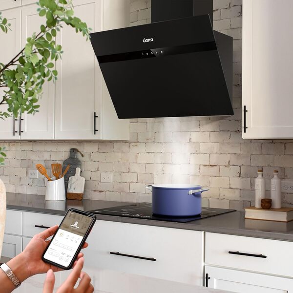Ciarra AS6736HG Hotte Aspirante Inclinée 60 cm Classe A+++ 650m³/h - Filtre à Charbon Inclus - Commande Tactile- 3 Vitesses et Fonction Boost - LED Dimmable - Verre Dépoli [Classe énergétique A+++]