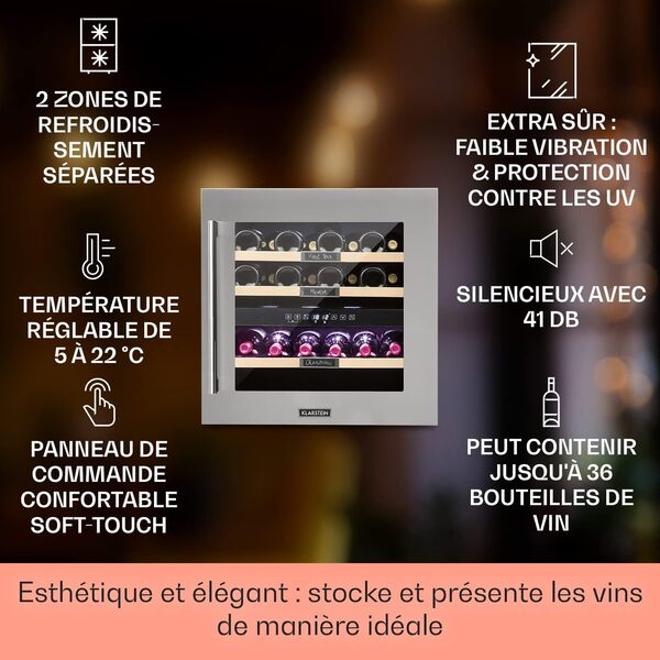 KLARSTEIN Cave a Vin Encastrable, Caves à Vin de Conservation de 85L, Porte en Verre, Cave a Vins à Double Zone, Bar Int/Ext, Frigo Vin Bizone, Cave a Vin de Vieillissement, Cave à Vin 36 Bouteilles [Classe énergétique A]