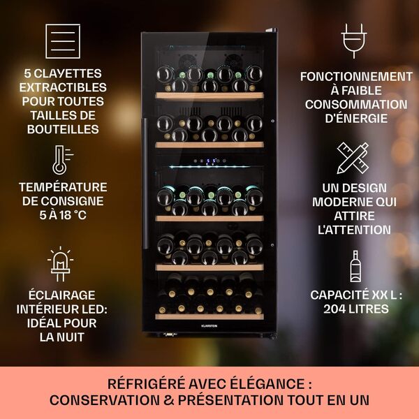 Klarstein Cave a Vin, Réfrigérateur à Vin sur Pieds avec Porte en Verre, Cave à Vin de Vieillissement, Prosecco, Bière, Ecran Tactile, Réfrigérateur Bar, Frigo, Protection UV, 5-18°C, 79 Bouteilles