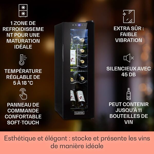 Klarstein Cave a Vin sur Pieds, Caves à Vin de 32L avec une Porte en Verre, Cave a Vins à Zone Unique, Bar Intérieur/Extérieur, Frigo vin, Cave a Vin de Vieillissement, Petite Cave à Vin 12 Bouteilles [Classe énergétique G]