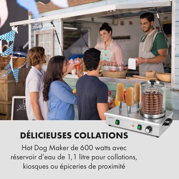 Klarstein Wurstfabrik Pro 600 Hot Dog Maker : 600W, 3 broches chauffantes, contrôle de température 30-100 °C, cylindre en verre: Ø 20 cm, cage en inox: Ø 17 cm, cuiseur de saucisses pro, argent