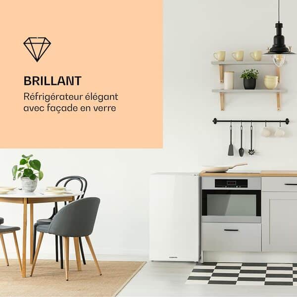 KLARSTEIN Luminance Frost - Réfrigérateur, 91L, 110 kWh/an, 7 niveaux de réglage de la température, Eclairage intérieur, Look moderne, Bac à oeufs, Clayettes verre - Blanc [Classe énergétique E]