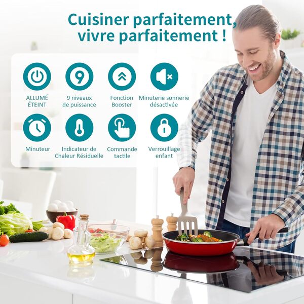 IsEasy Plaque de Cuisson Induction 3 Foyers, Plaque Induction 3 Feux, Encastrable 59cm, 5800W, 3 Booster, Minuterie, Commande Tactile, Verrou Enfants, Grand Feu de 26 cm