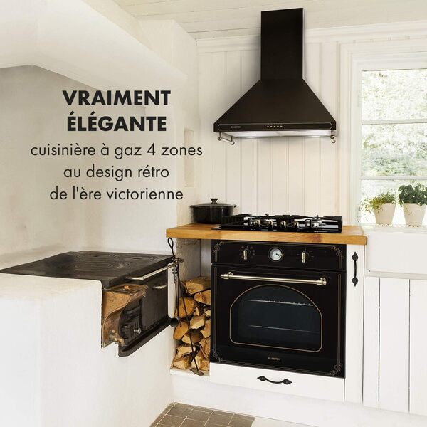 KLARSTEIN Victoria - Plaque de cuisson gaz 4 feux, pose libre, 60 cm, encastrable, brûleur Sabaf, gaz naturel/propane, soupapes de sécurité, arrêt automatique, croix en fonte - noir