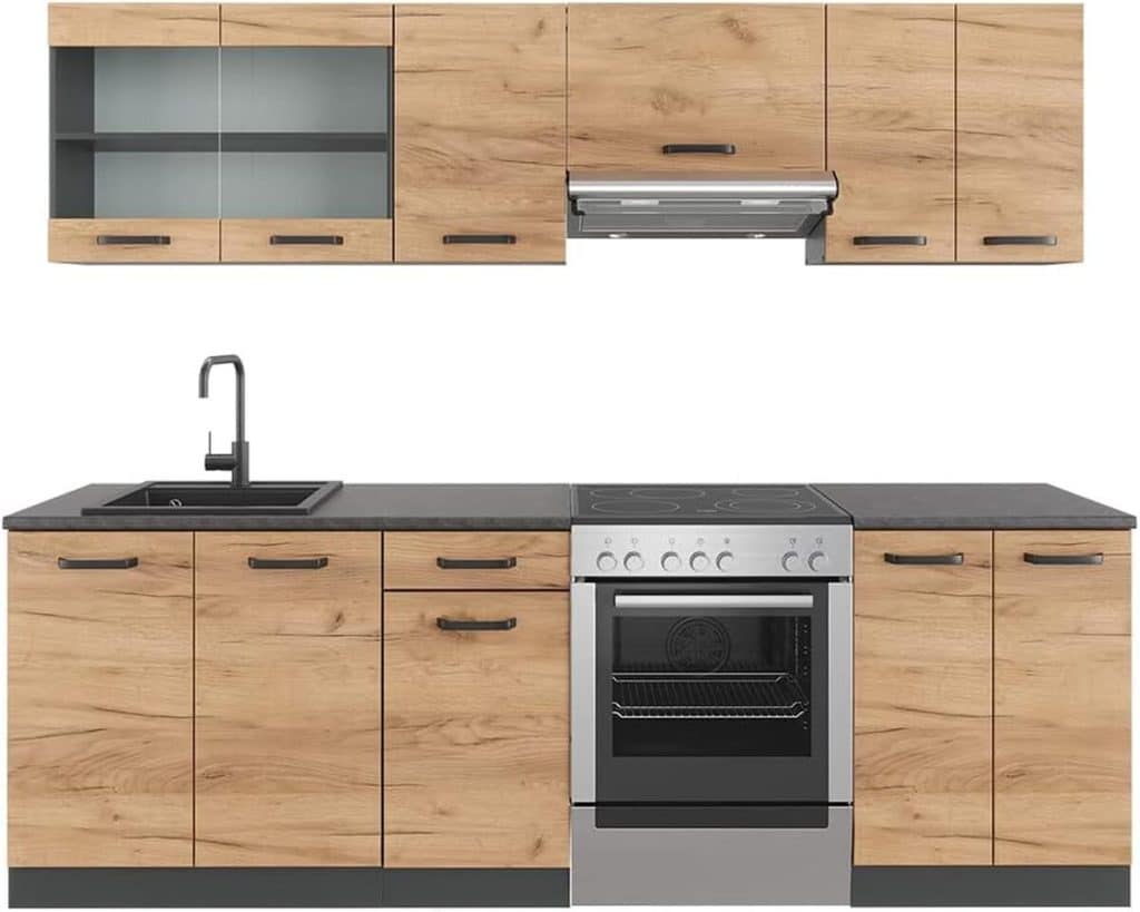 Test Vicco Cuisine Raul : compact et élégante en chêne doré et anthracite