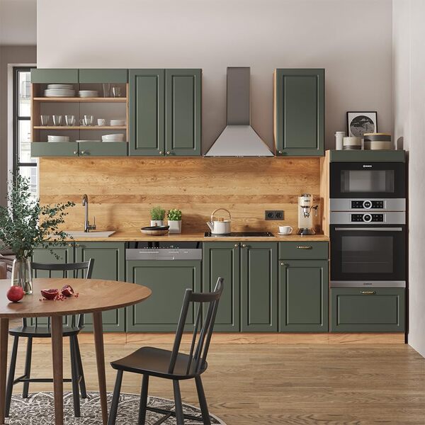 Vicco Cuisine Fame-Line, Chêne Vert et Or/chêne doré, 300 cm avec Armoire Haute, sans Plan de Travail