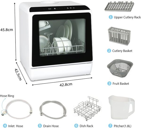 YU YUSING Mini Lave-vaisselle Compact 45cm 4 Couverts, 5+1 Programmes, Sans ou Avec Arrivée d'Eau, Petit Lave Vaisselle Pose Libre, Portable, Réservoir 5L, Commande Tactile, Écran LED, Blanc et Noir [Classe énergétique F]