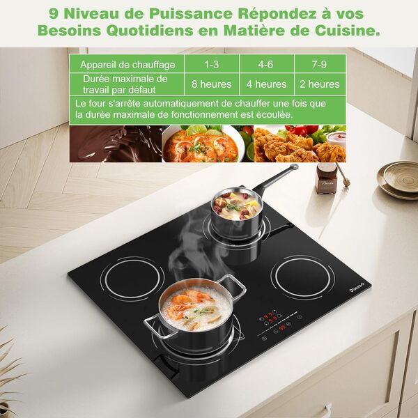 Plaque Induction 4 Feux Encastrable 6400W, Plaque de Cuisson Induction 220V, Plaque Electrique 60cm, Fonction Pause, 9 Niveaux, Contrôle tactile, Minuterie, Fonction Anti-Touch, Noir