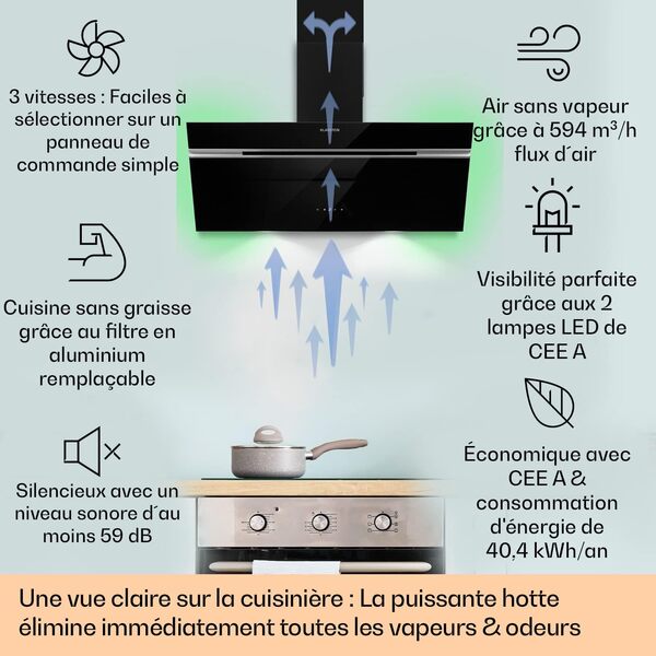 Klarstein Alina Hotte Aspirante - 90 cm Hotte Décorative, 615 m³/h, Classe A, LED, Silencieuse 54 dB, Recirculation & Évacuation, Commande Tactile, Noire [Classe énergétique A]