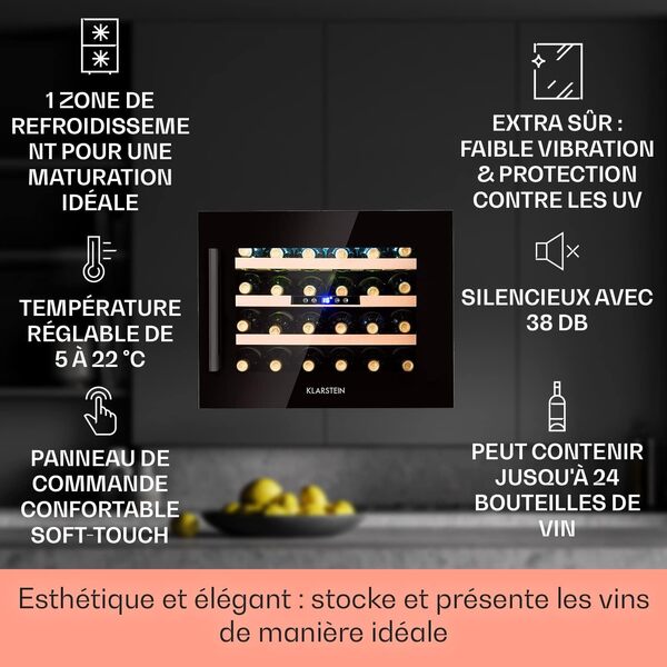 Klarstein Cave a Vin Encastrable, Caves à Vin de 57L avec une Porte en Verre, Cave a Vins à Zone Unique, Bar Intérieur/Extérieur, Frigo Vin, Cave a Vin de Vieillissement, Cave à Vin 24 Bouteilles