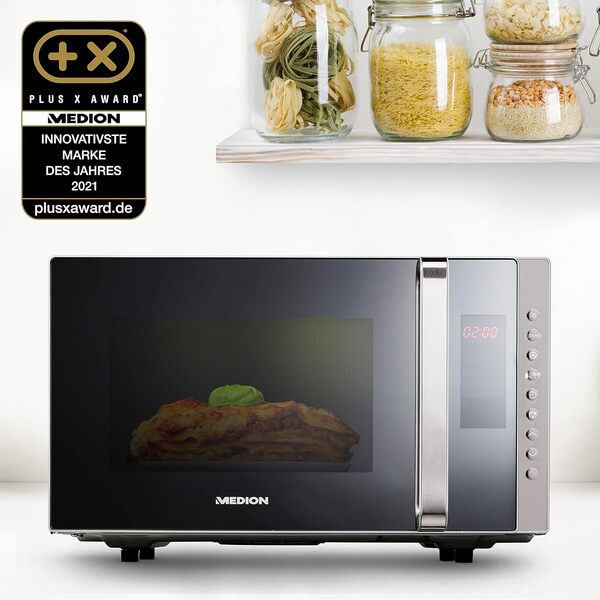 MEDION Micro-onde 3en1 avec gril et air chaud combiné (23L, 800W, 1200 W gril/air chaud, 10 programmes automatiques, 5 niveaux de puissance, mode décongeler, design miroir, MD17495) argent