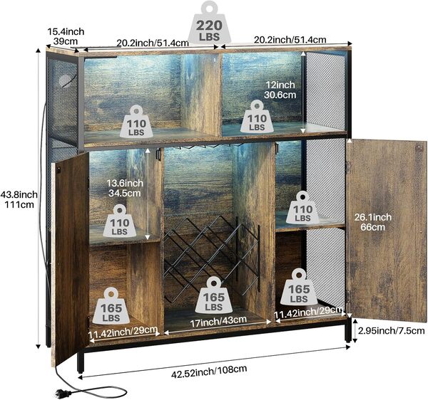 Roomark Cave à vin avec prise de charge, 6 compartiments, armoire de bar vintage avec lumière LED, 108 x 39 x 111 cm, armoire de cuisine et buffet avec casier à vin en métal, buffet pour cuisine,
