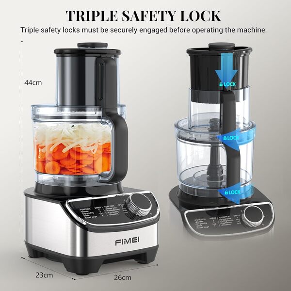 FIMEI Robot culinaire multifonction 1300W, 3 vitesses et fonction pulse, hachoir 3,5L, mixeur 1,5L, moulin, presse agrumes, crochet pétrisseur, fouet, râpe, disque tournant, Sans BPA