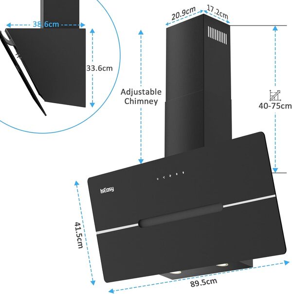 IsEasy Hotte Aspirante 90cm, Hotte de Cuisine Inclinées Noir, Classe A++, 524 m³/h, Evacuation ou Recyclage, 3 Vitesses, Eclairage à LED, 2 Filtres à Charbon [Classe énergétique A++]