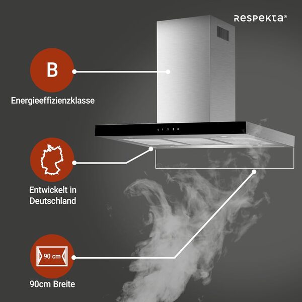 Hotte îlot Respekta/Hotte îlot 90 cm/Boîtier en acier inoxydable avec écran en verre noir/Fonction d'extraction et de recyclage d'air / CH44099GISAM / A / 58–73 dB [Classe énergétique A]
