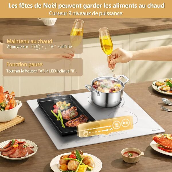 Karienvir Plaque Induction 4 Feux Blanc avec Prise, Plaque de Cuisson Induction Blanche avec Fonction Boost, Minuterie, Protection contre l'arrêt automatique, Verrou sécurité, 59 cm, 3500 W