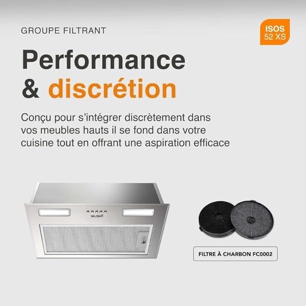 HOTTE ENCASTRABLE - GROUPE FILTRANT INOX 52 CM - 335 m3/h - Evacuation ou Recyclage - Filtres à Charbon Inclus [Classe énergétique A]