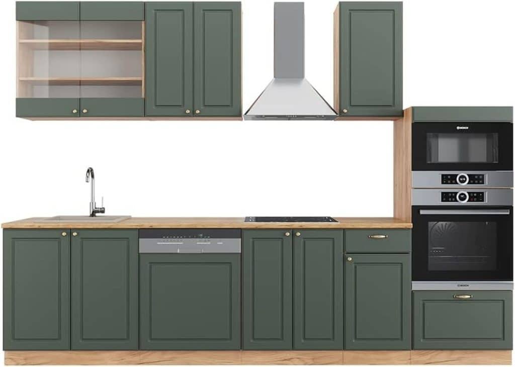Test : cuisine Fame-Line Vicco, 300 cm, chêne vert et or, avec armoire haute