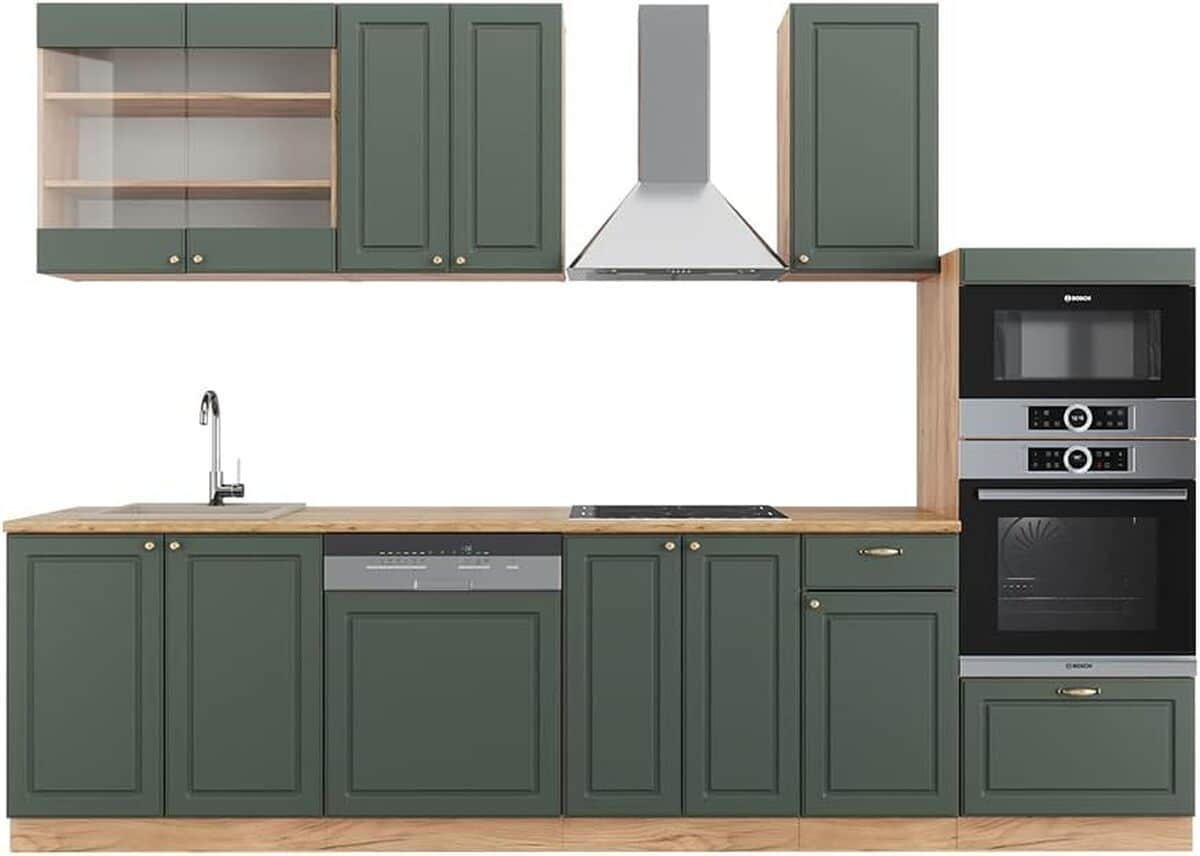Test : cuisine Fame-Line Vicco, 300 cm, chêne vert et or, avec armoire haute