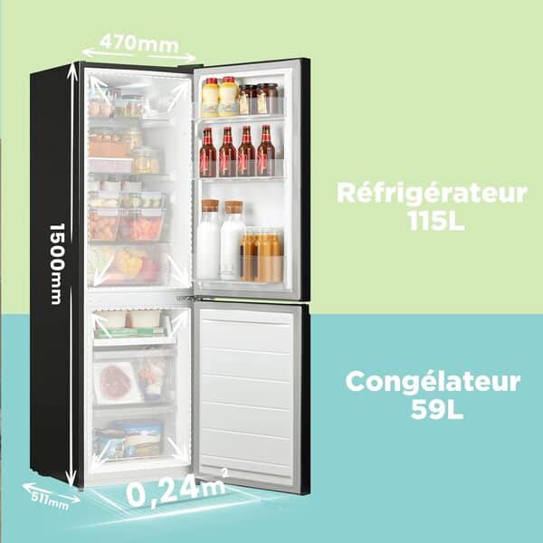 Comfee' RCB169DK2(E) 174L Réfrigérateur avec Congélateur/Hauteur 150 cm/Low Frost/Température Réglable du Réfrigérateur/Lumière LED/195 kWh/an/115L Réfrigérateur/59L Congélateur/Noir [Classe énergétique E]