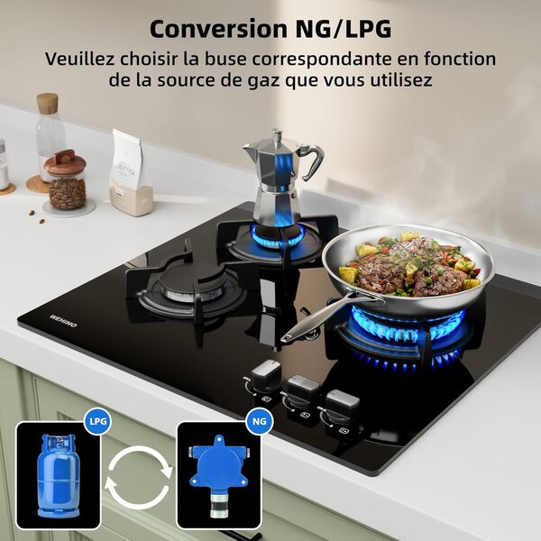 WEHIMO Plaque de Cuisson Gaz 3 Feuxs, Plaque Gaz 3 Feuxs Encastrable, Table de Cuisson Gazs 60cm, Grille Fonte, 7750W, Gazs Ville et Bouteille, Verre Noir