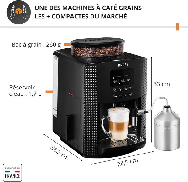 Krups Essential, Machine à café grain, Expresso automatique, 2 tasses simultanées, Ecran LCD, Nettoyage automatique, Buse vapeur, Pot à lait inox Cappuccino, Noire, EA816031
