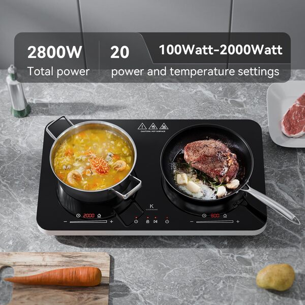 COOKNANO Plaque à Induction, 3600W, Plaque de Cuisson à Induction Double avec Contrôle Indépendant, 20 Niveaux de Température, Minuterie de 6 Heures