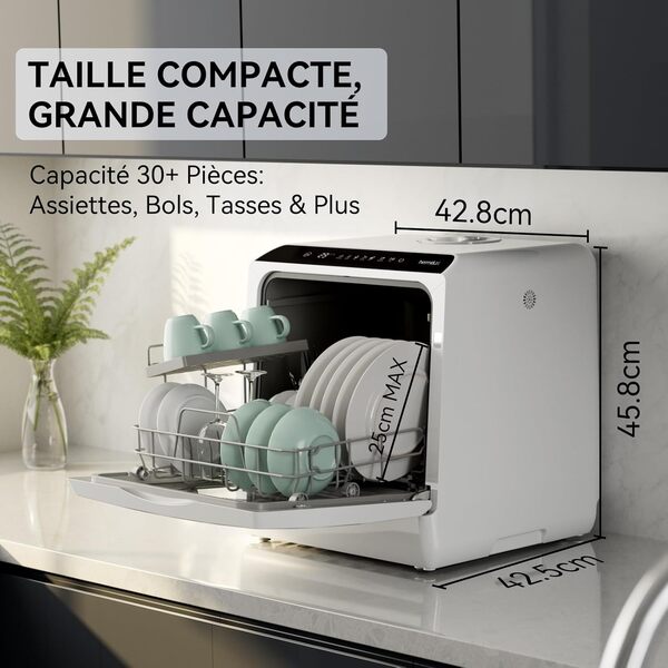 Hermitlux Mini lave-vaisselle de table, utilisable avec et sans raccordement à l'eau, largeur 43 cm, espace pour 4 couverts, camping, 175 kWh/an, blanc [Classe énergétique D]