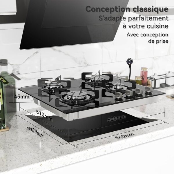 magicplux Plaque de Cuisson Gaz 4 Feux, 60cm Encastrable, Ville et Bouteille, 7800W