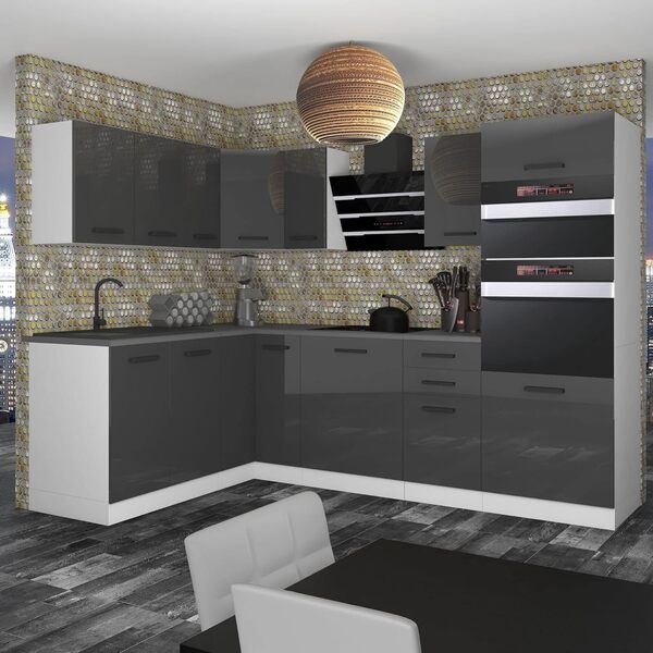 Belini Cuisine Equipee Complete Melanie Muebles de Cuisine Complets. L-Forme Cuisine. Cuisine Complete sans Plan de Travail, Argent très Brillant