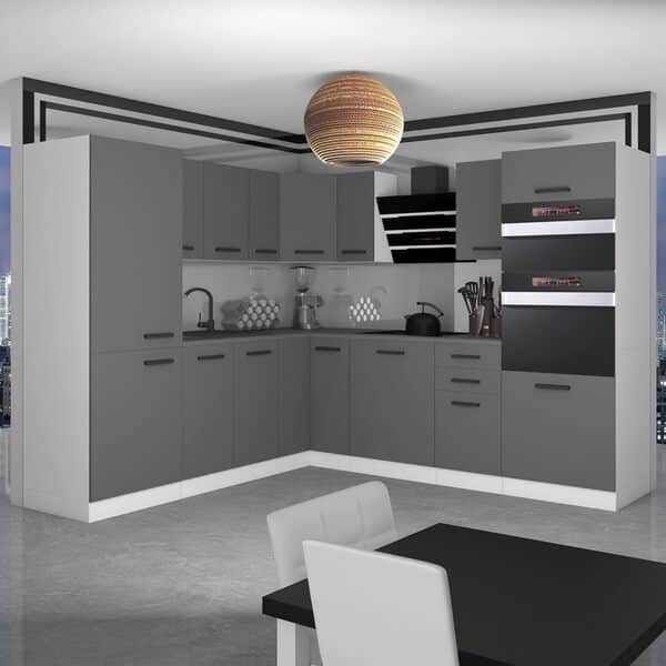 Belini Cuisine Équipée Complète Stacy L-Forme sans Plan de Travail - Meubles de Cuisine Argent Mat