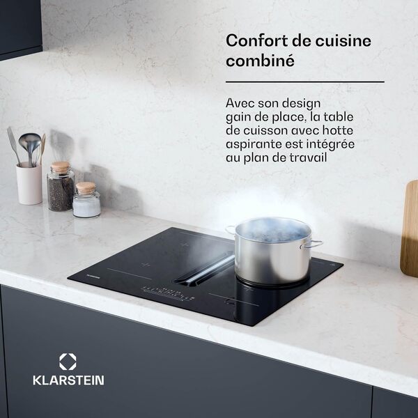Klarstein AirJet 60 Plaque Induction Avec Hotte Intégrée - 600 m³/h, 7200W, VarioHeating, A+ Énergie, Écran Tactile, Sécurité Enfant, Verre & Acier Inoxydable, 60x51.5 cm [Classe énergétique A+]