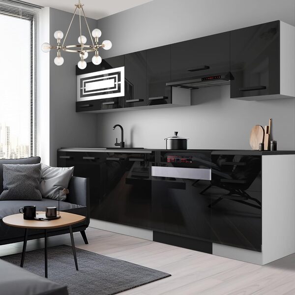 Belini Cuisine Equipee Complete Lily - Muebles de Cuisine Noir très Brillant, 240 cm avec Plan de Travail
