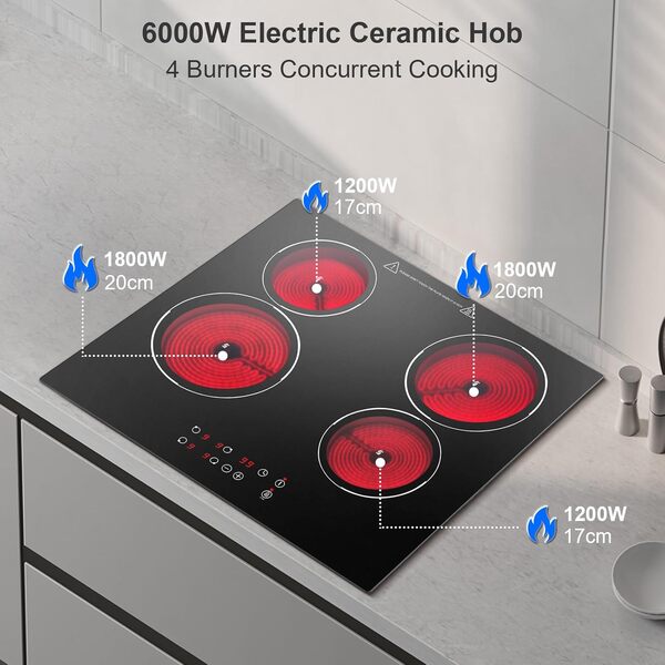 Plaque Vitrocéramique 4 feux, Plaque de cuisson Electrique 60cm, Plaque Electrique Encastrable, Commande Tactile, 6000W 9 Niveaux de Puissance, Minuterie 1-99 min, Pour toutes les casseroles