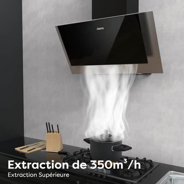 Ciarra Hotte Aspirante Inclinée 60cm - Classe A++ - 350m³/h - Hotte de Cuisine 3 Vitesses - Filtres à Charbon Inclus - Hotte Murale Evacuation ou Recyclage - Noire - CBCB6736C [Classe énergétique A++]