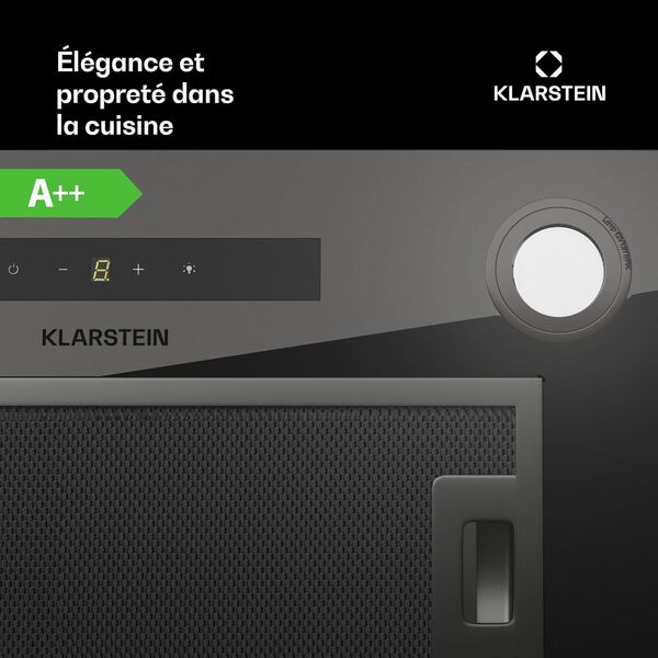 Klarstein Hotte Aspirante Encastrable 52 cm, Hotte Aspirante Silencieuse, Hotte de Cuisine avec Lampes LED, Débit d'Air Puissant 439 m³/h, Minuterie, Commandes Tactiles, Hotte avec Évacuation [Classe énergétique A++]