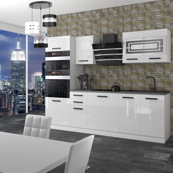 Belini Tracy Bloc de cuisine 240 cm, cuisine encastrable, équipée, sans appareils électriques, avec armoires suspendues et basses, plans de travail, blanc brillant