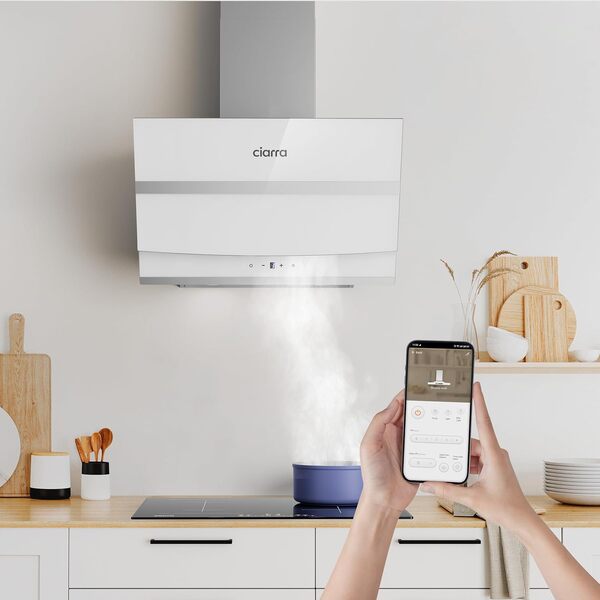 Ciarra ASW6736N Hotte Inclinée 60cm A+++ 650 m³/h - Commande Tactile et Wi-Fi - 4 Vitesses & Boost - Filtre à Charbon CBCF003 Inclus - Blanche [Classe énergétique A+++]