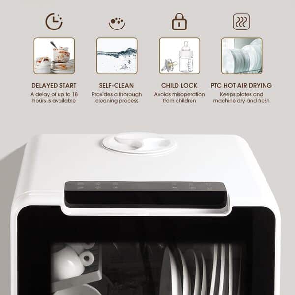 HAVA mini lave vaisselle, nouveau modèle amélioré 2024, 8 programmes de lavage, lave-vaisselle portable avec sécurité enfant et fonction de démarrage différé, réservoir d'eau de 5 L [Classe énergétique F]