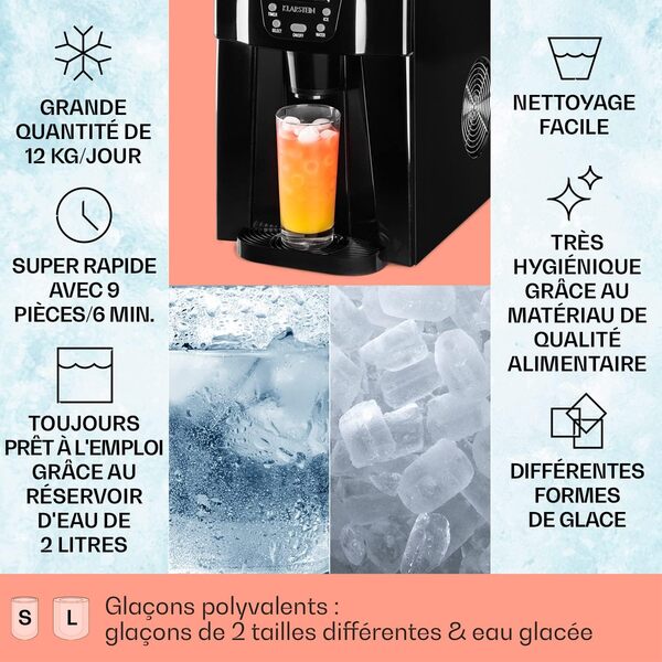 Klarstein Machine a Glacons pour la Maison, Capacité de 2L, Fabrique Rapidement Jusqu'à 12kg de Glacons, Alarmes de Sécurité, Machine à Glaçons de Comptoir, Ice Maker, Distributeur Eau Froide