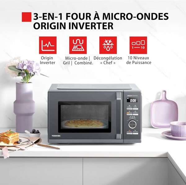 Toshiba,MW3-AG25PFI(MG),Four à Micro-ondes 25L 3-en-1 900W, Morandi Gris Éclatant, 6 Programmes, 10 Niveaux de Puissance, 7 Menus Automatiques, Nettoyage Facile