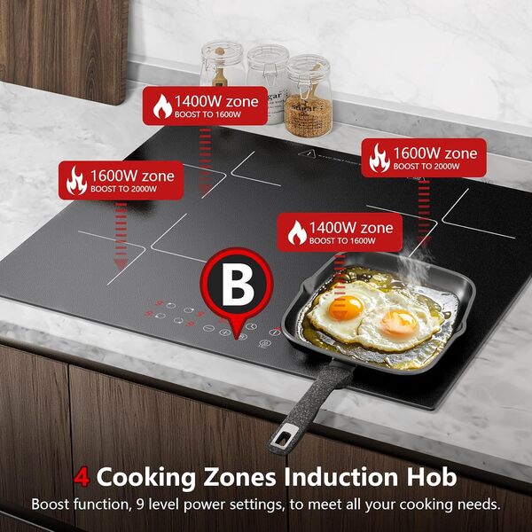 Plaque Induction 4 feux, Plaque de Cuisson Electrique 60cm Encastrable, Table de Cuisson électrique 4 foyers, Boost Fonction, Commande Tactile, 6000W, 9 Niveaux de puissance