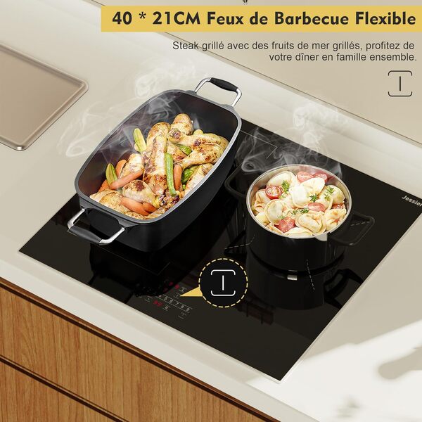 Plaque Induction 3 Feux Flexible 6800W, Jessier Barbecue Plaque de Cuisson Electrique Intégré, 9 Niveaux de Puissance, Fonction Pause, Minuterie, Verrouillage de Sécurité, Fonction Boost, Noir