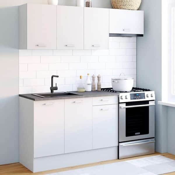 IDMarket - Cuisine complète 180 cm Subtil avec Plan de Travail 5 éléments Blanc et Plateaux béton