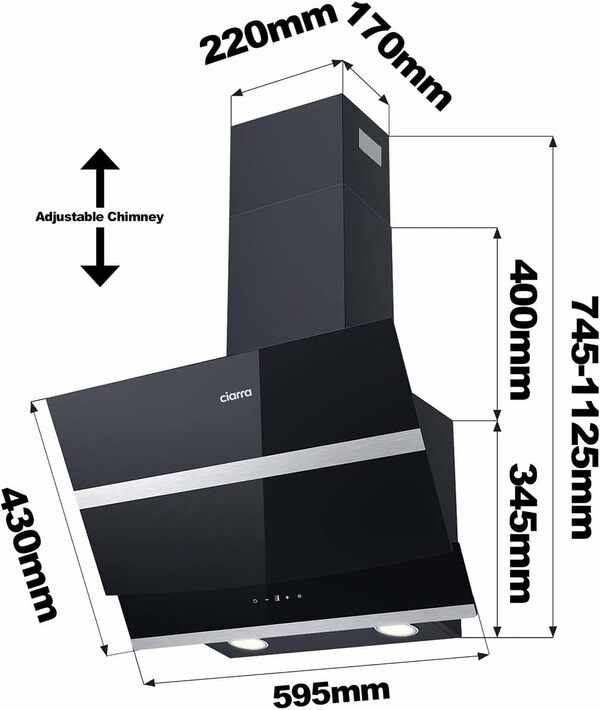 CIARRA CBCB6736N Class A++ Hotte Aspirante 60cm 650 m³/h - Hotte Inclinée - 4 Vitesses - 2 Niveaux de Luminosité LED Dimmable - Commande Tactile - Recyclage/Evacuation - Noir [Classe énergétique A+++]