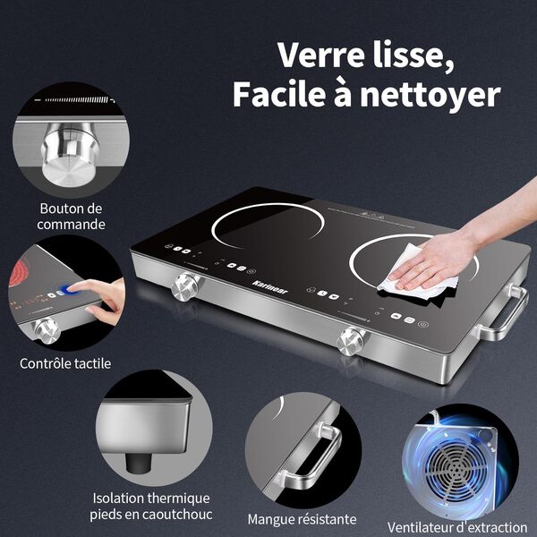 Karinear Plaque Vitrocéramique 2 Feux Portable avec Poignée, Plaque Electrique Camping, 650℃ Max, Plaque de Cuisson 2 Feux with Prise VDE, Sécurité Enfant, Indicateur de Chaleur Résiduelle, 220-240V